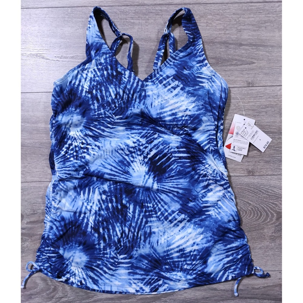 Lands End Swim Top Women Size 6 Tie Dye Blue Adjustable V-Neck Tankini Swimwear